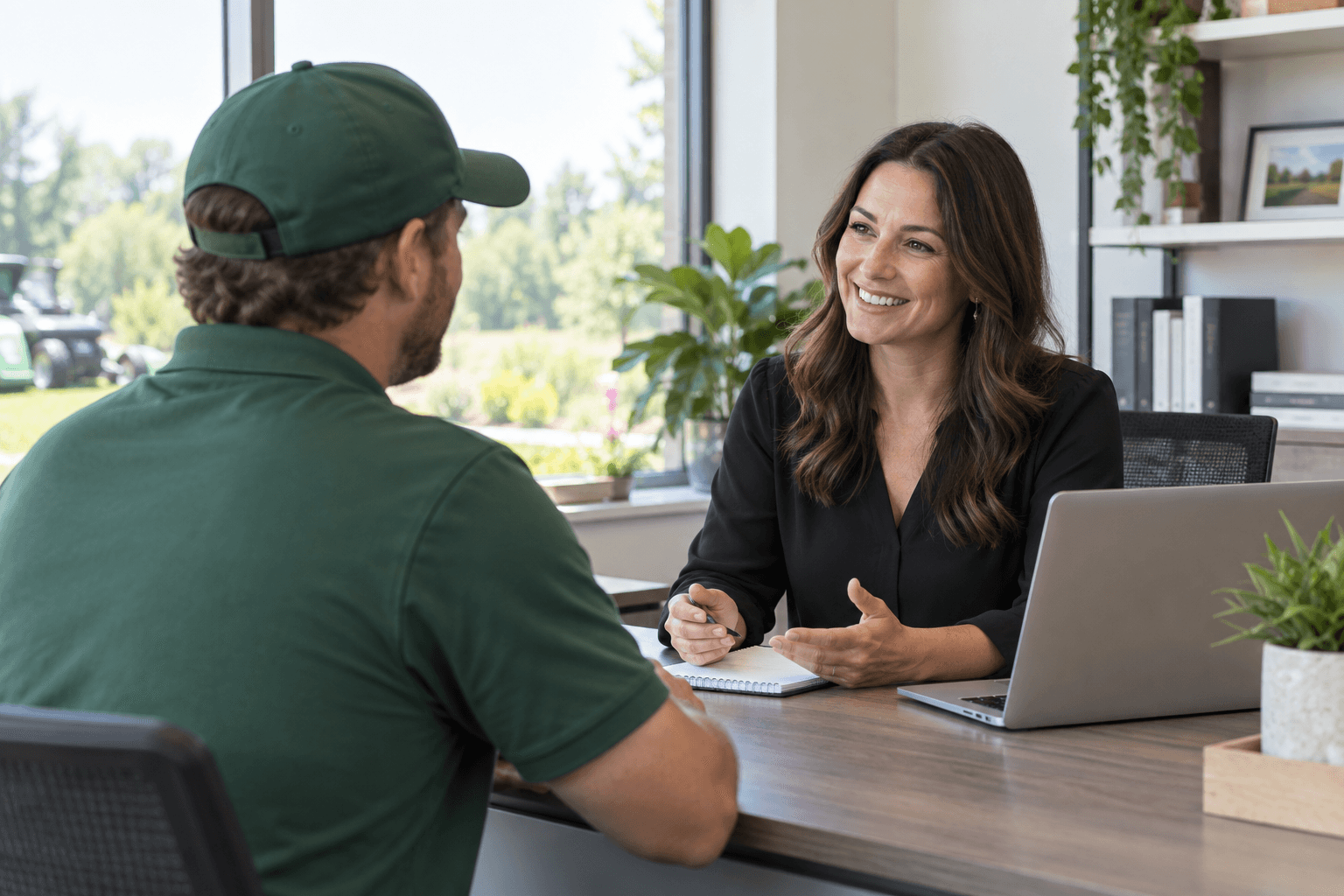 Illustration of a lawn care business owner meeting with a payroll consultant