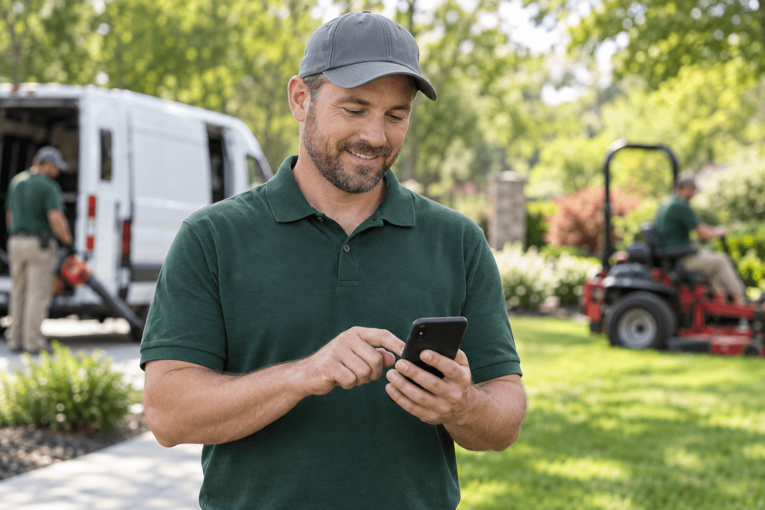 Lawn care business owner checking a smartphone beside his crew’s equipment