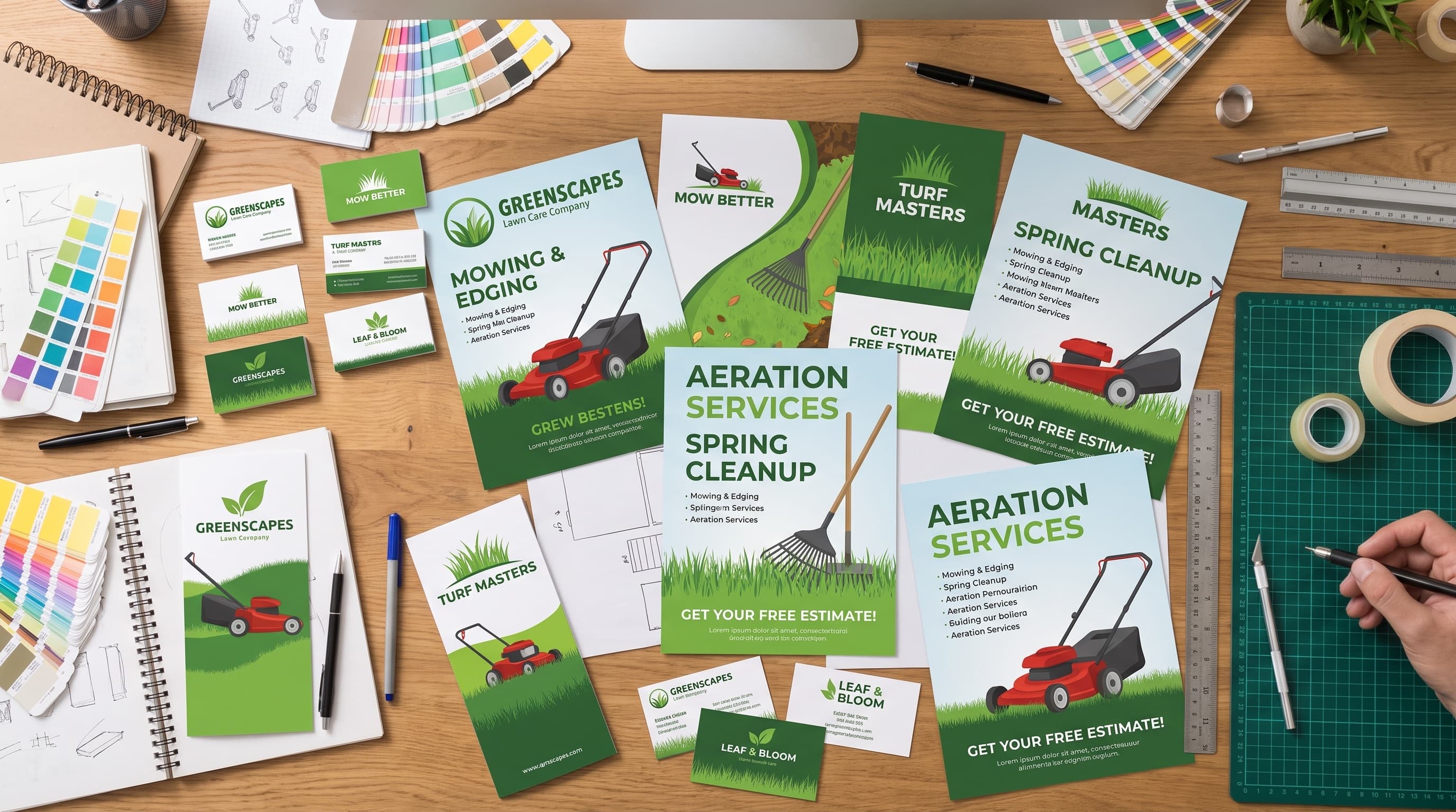 Lawn care business cards, flyers, brochures, and coordinated marketing designs