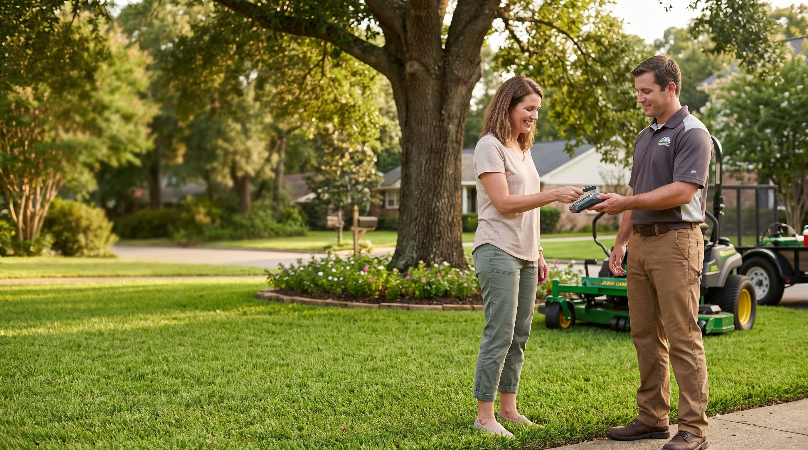 A customer paying a lawn care professional