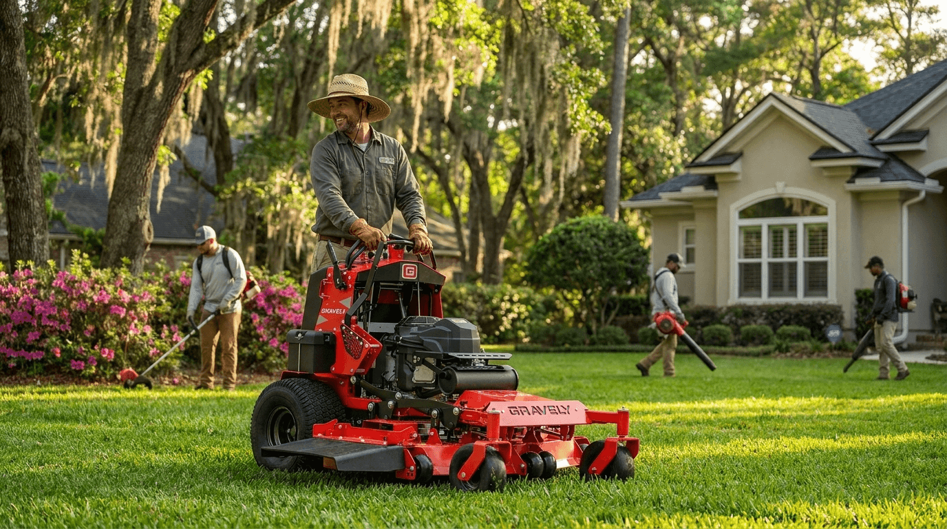 Lawn care professional with commercial equipment